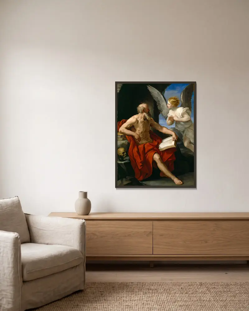 Der Engel, der dem heiligen Hieronymus erscheint von Guido Reni gerahmt an einer Wand