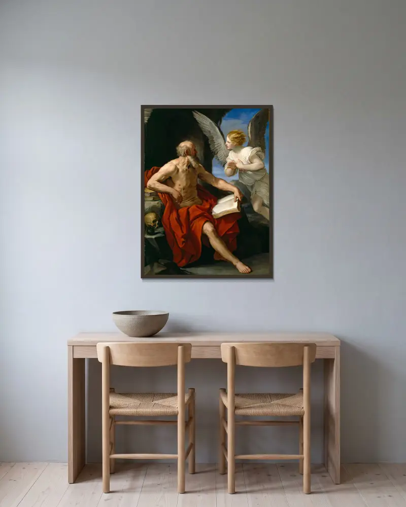 Der Engel, der dem heiligen Hieronymus erscheint von Guido Reni gerahmt an einer Wand