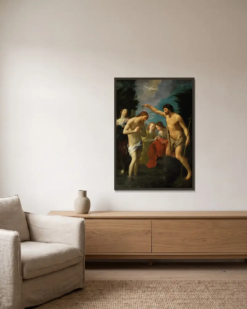 Die Taufe Christi von Guido Reni gerahmt an einer Wand