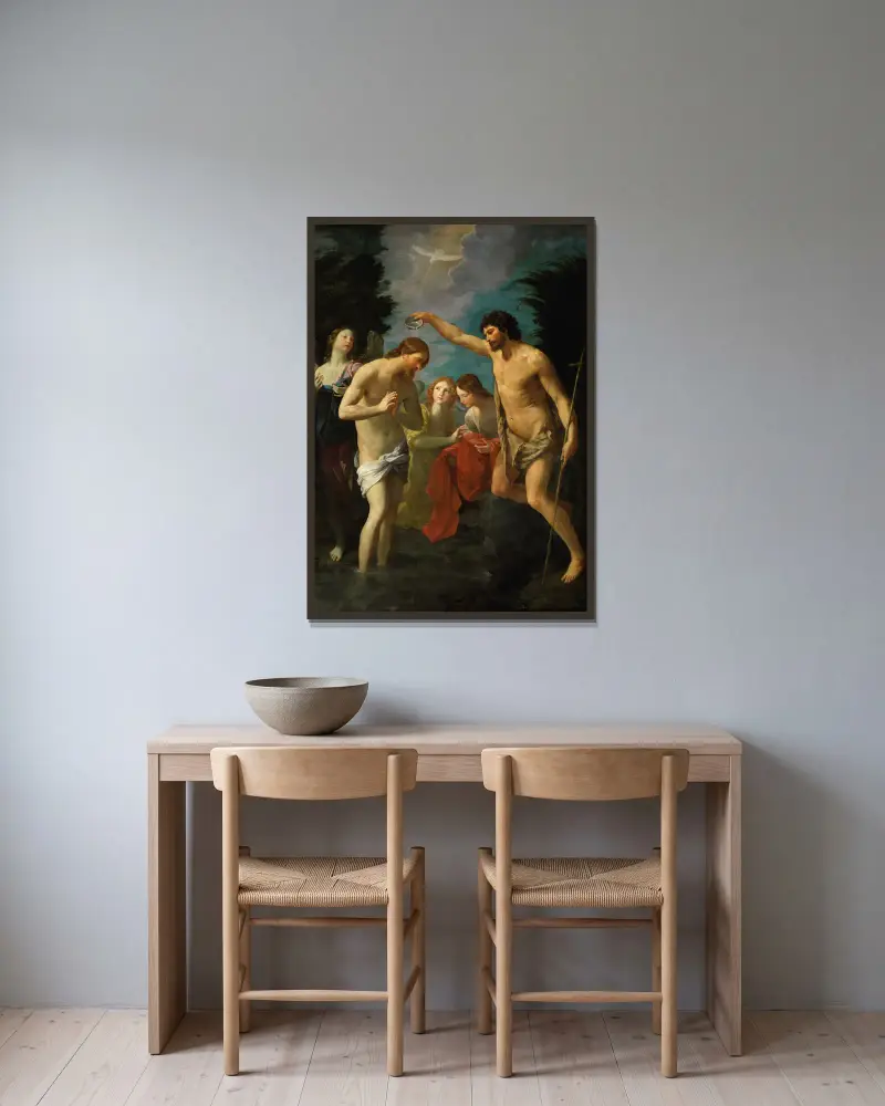 Die Taufe Christi von Guido Reni gerahmt an einer Wand