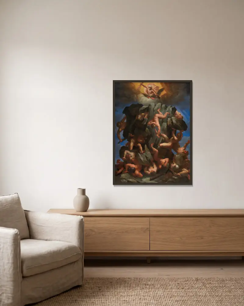 Jättarnas fall av Guido Reni inramad på en vägg