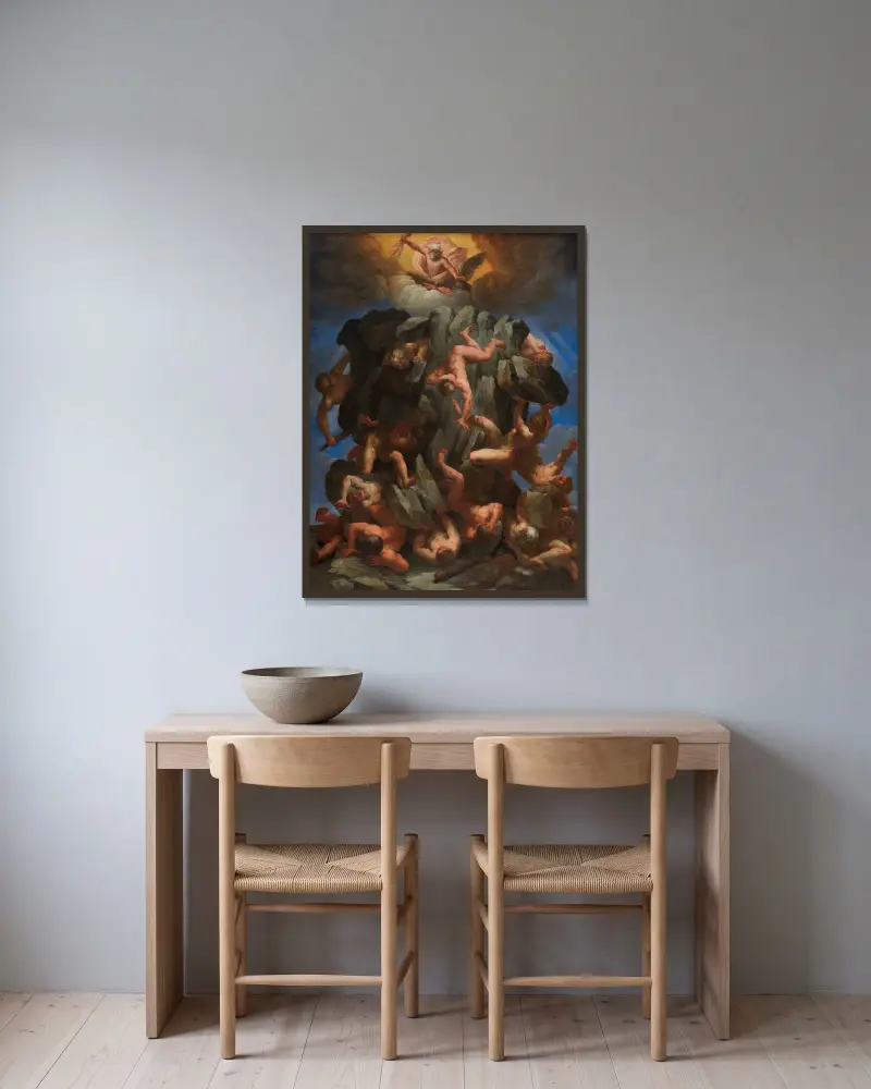 Jättarnas fall av Guido Reni inramad på en vägg