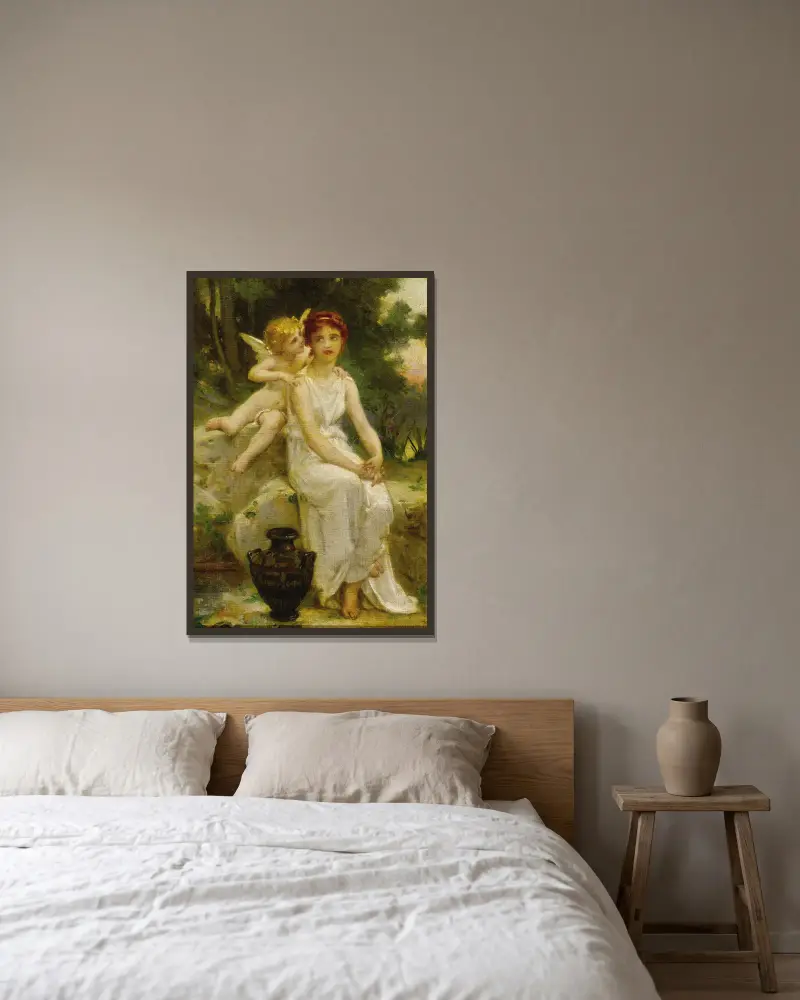 Amor viskar till en ung mö av Guillaume Seignac inramad på en vägg