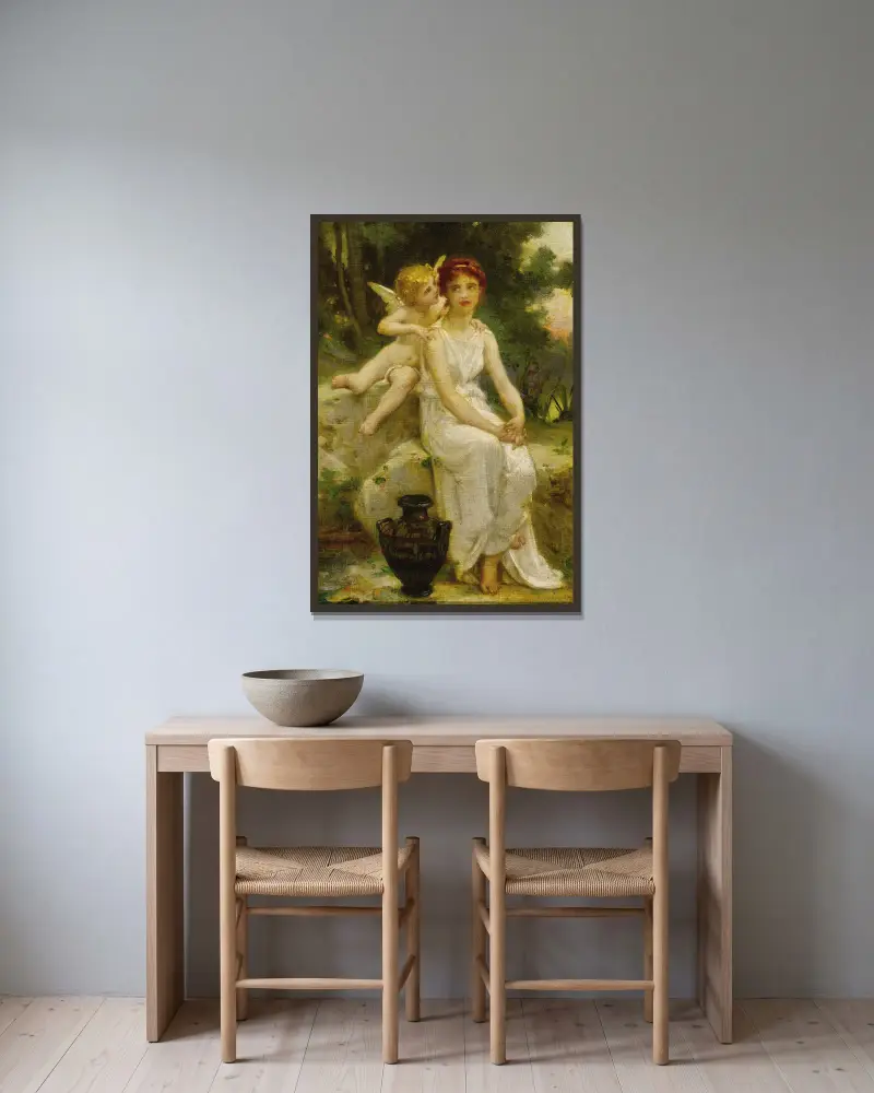 Amor viskar till en ung mö av Guillaume Seignac inramad på en vägg