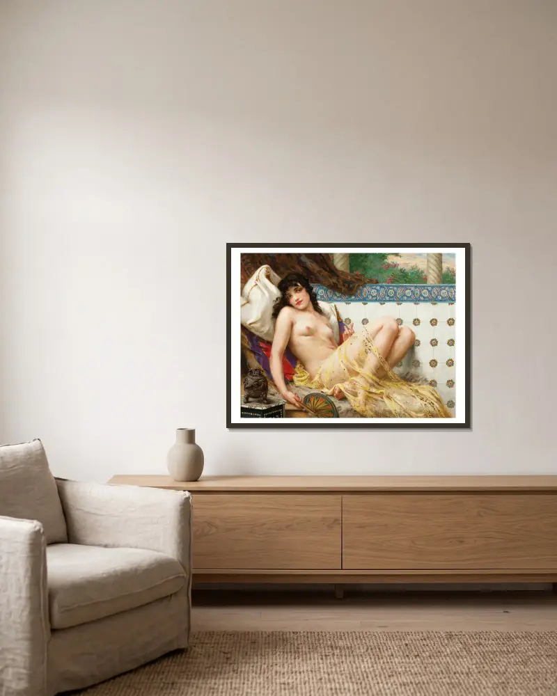 Odaliske mit Fächer von Guillaume Seignac gerahmt an einer Wand