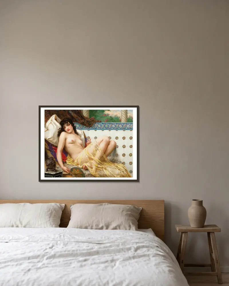 Odaliske mit Fächer von Guillaume Seignac gerahmt an einer Wand
