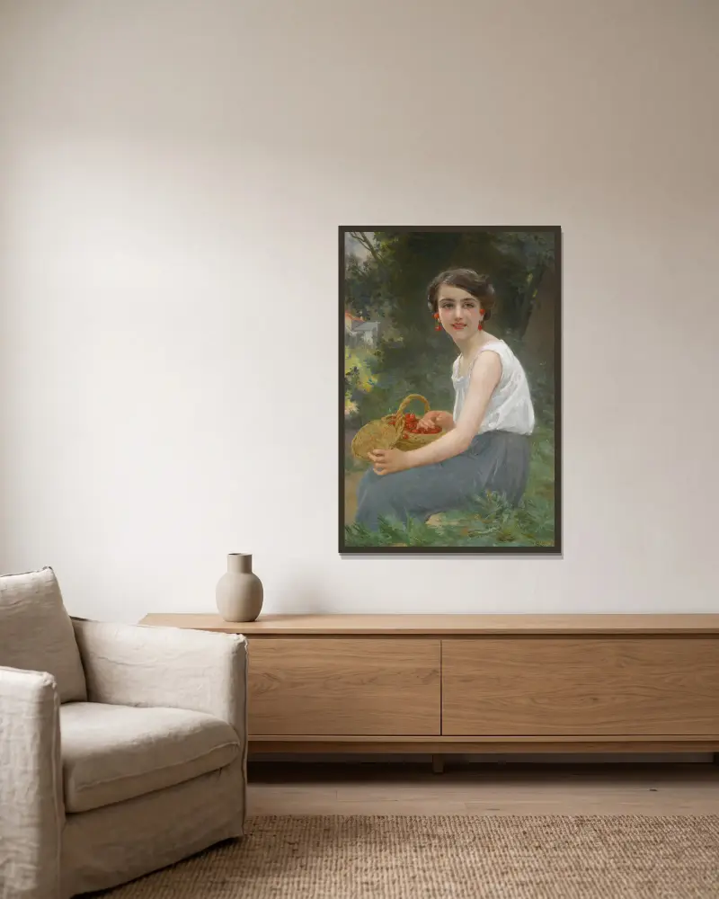 Das Kirschenmädchen von Guillaume Seignac gerahmt an einer Wand