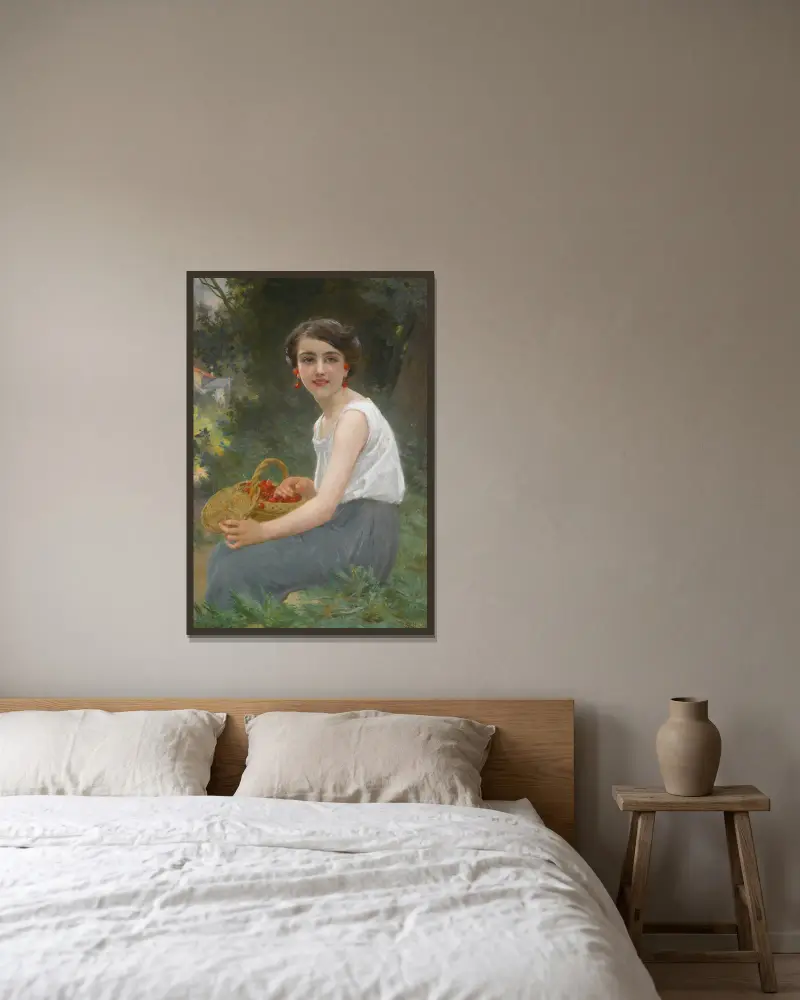 Das Kirschenmädchen von Guillaume Seignac gerahmt an einer Wand