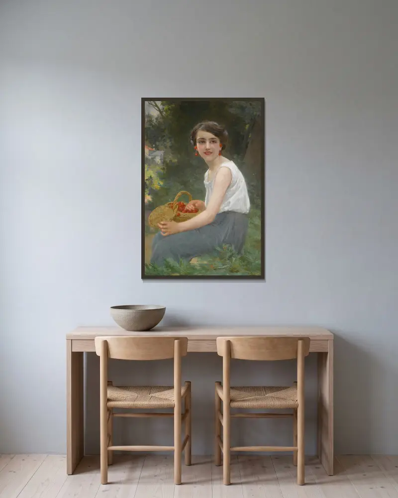Das Kirschenmädchen von Guillaume Seignac gerahmt an einer Wand