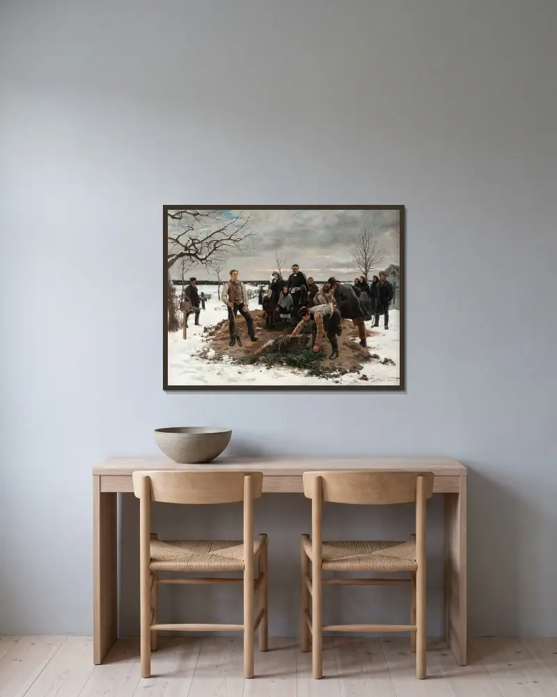 Ein Begräbnis in Alsike von Gustaf Cederström gerahmt an einer Wand