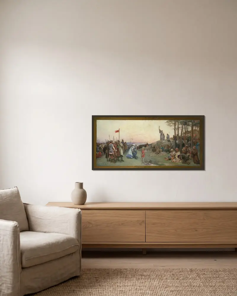 Ansgar predigt das Christentum von Gustaf Cederström gerahmt an einer Wand