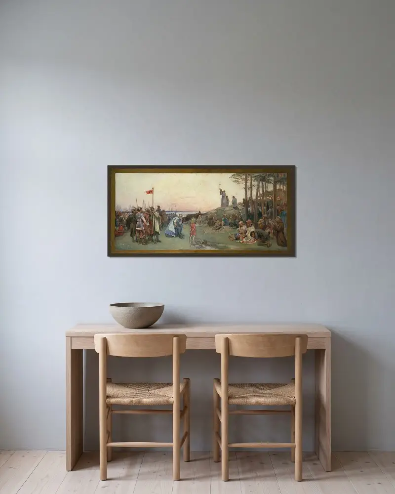 Ansgar predigt das Christentum von Gustaf Cederström gerahmt an einer Wand