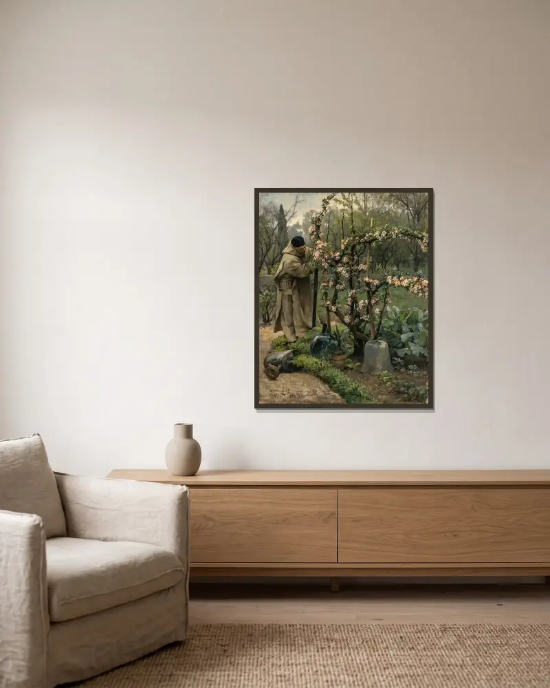 Monk Gardening von Carl Gustaf Hellqvist gerahmt an einer Wand