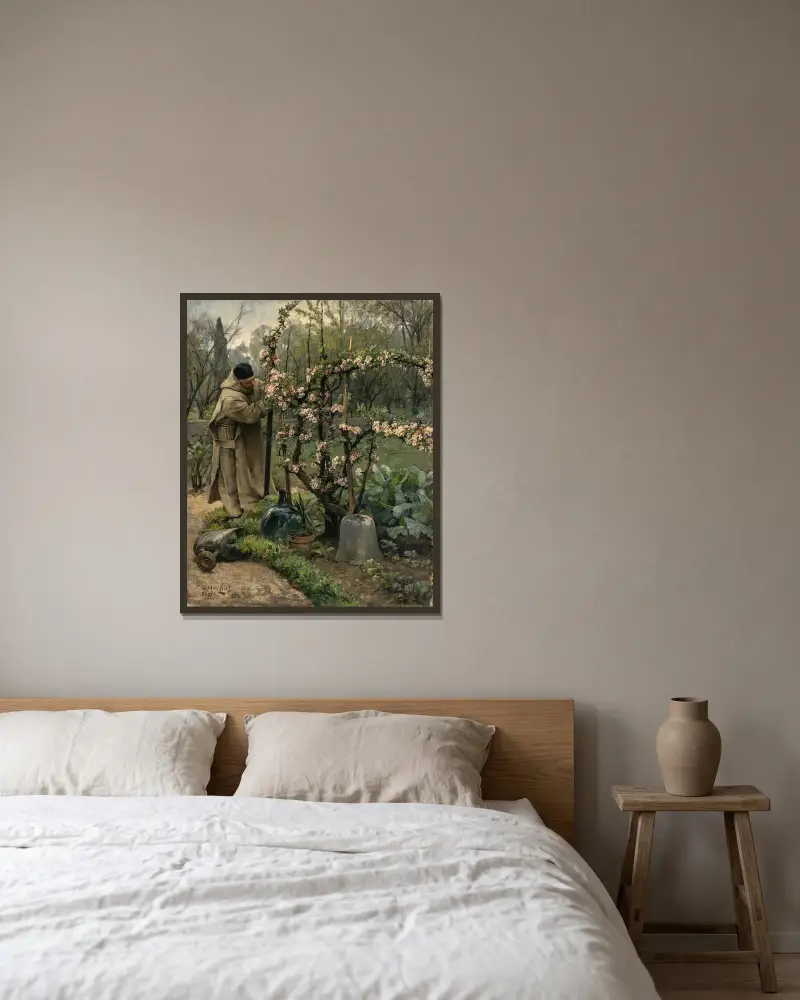 Monk Gardening von Carl Gustaf Hellqvist gerahmt an einer Wand