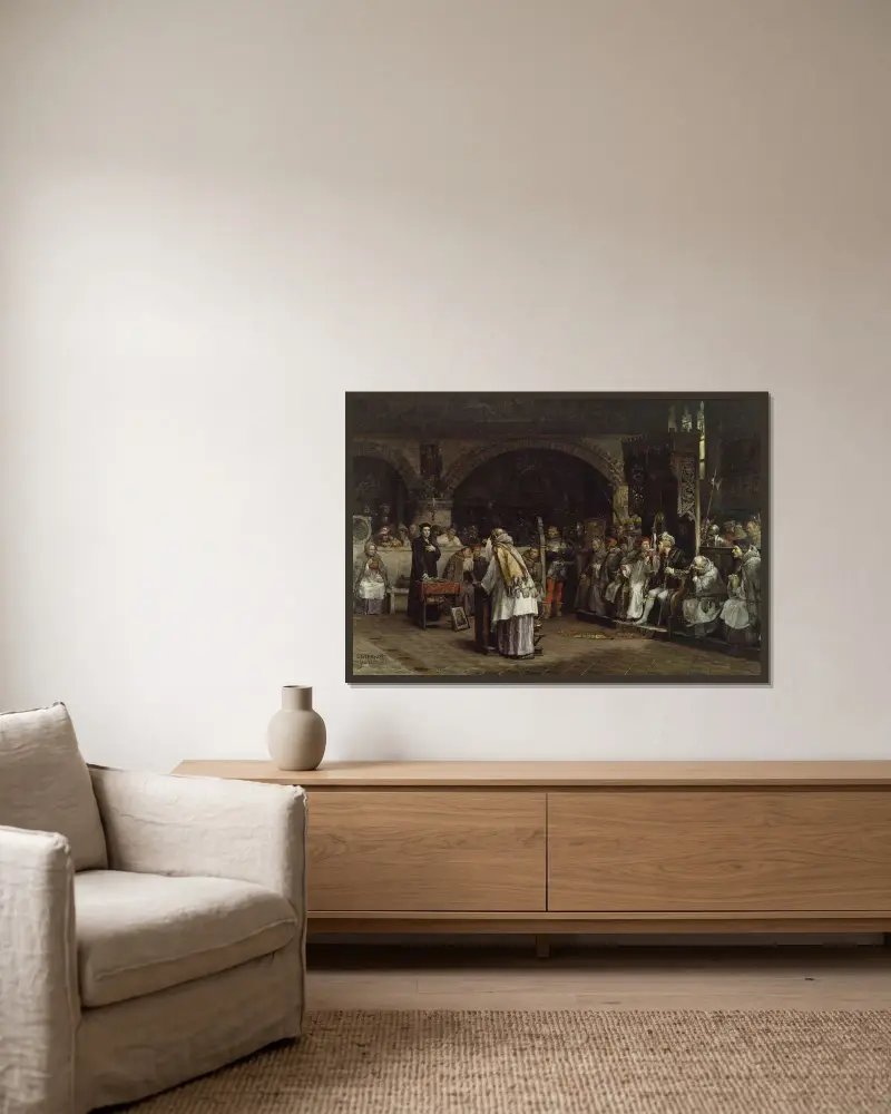 Religious Discourse between Olaus Petri and Peder Galle von Carl Gustaf Hellqvist gerahmt an einer Wand