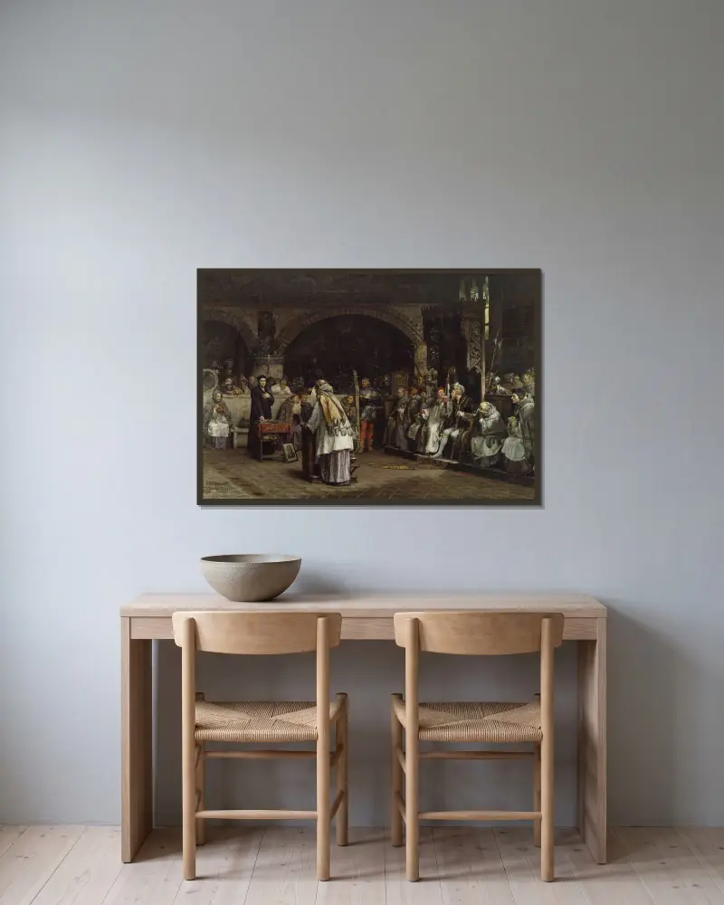 Religious Discourse between Olaus Petri and Peder Galle von Carl Gustaf Hellqvist gerahmt an einer Wand