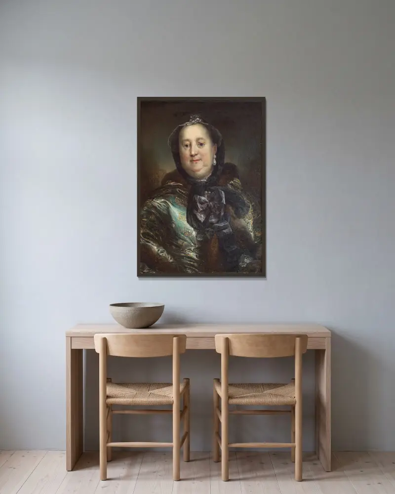 Porträtt av hertiginnan Antoinette Amalie av Braunschweig-Wolfenbüttel av Carl Gustaf Pilo inramad på en vägg