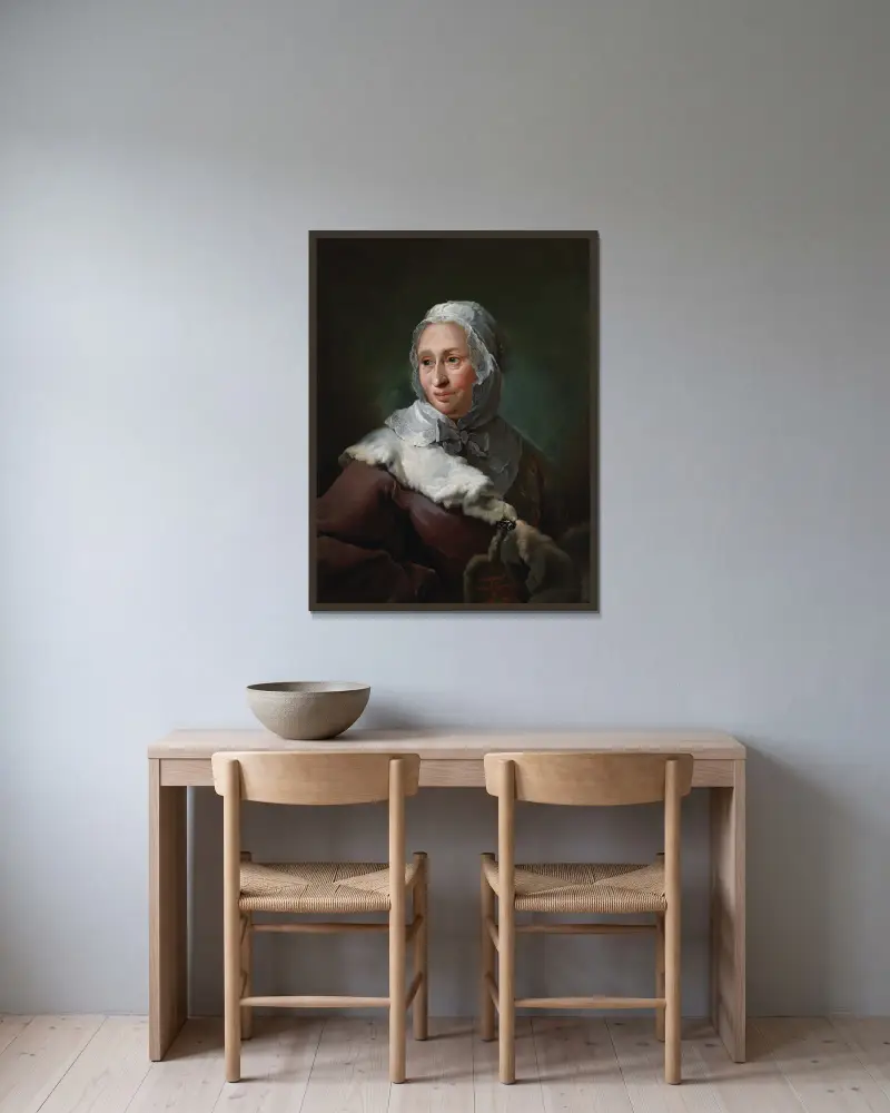 Porträtt av Elisabeth Marie Fabritius, född d’Abbestée av Carl Gustaf Pilo inramad på en vägg