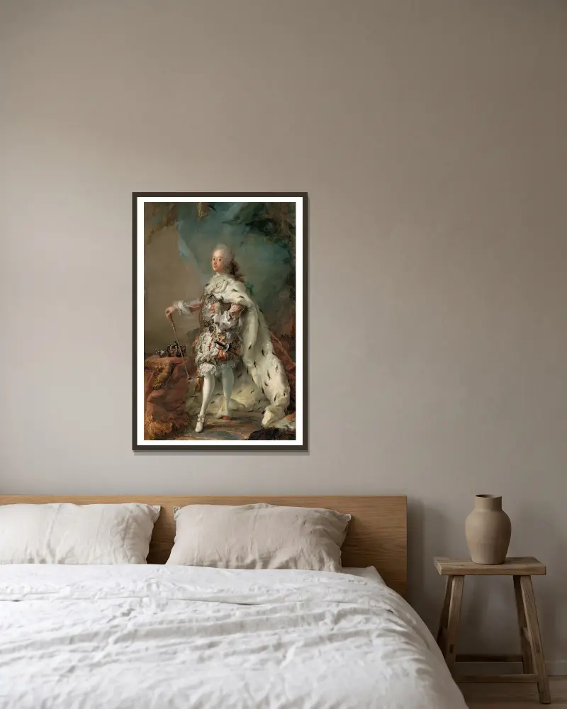 Porträt von Frederik V. im Salbungsgewand von Carl Gustaf Pilo gerahmt an einer Wand