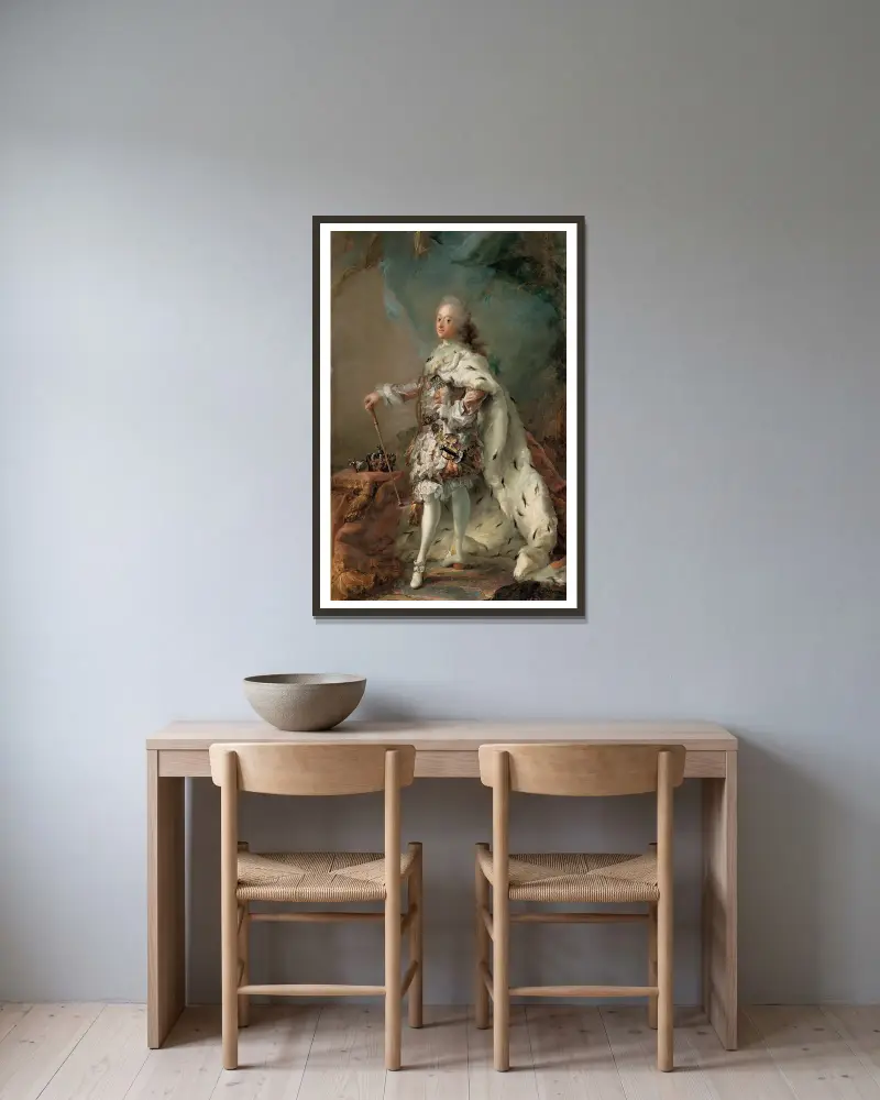 Porträt von Frederik V. im Salbungsgewand von Carl Gustaf Pilo gerahmt an einer Wand