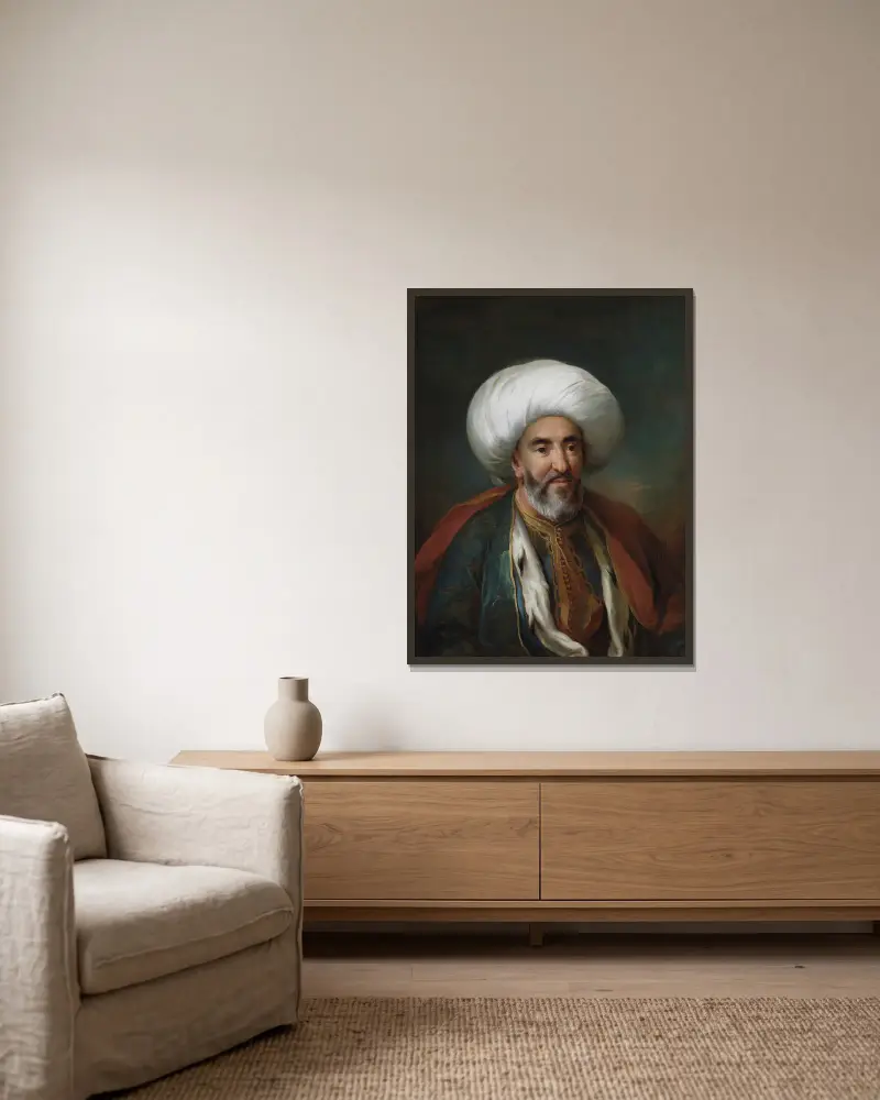 Porträt von Mahmud Agas, Botschafter von Tripolis von Carl Gustaf Pilo gerahmt an einer Wand