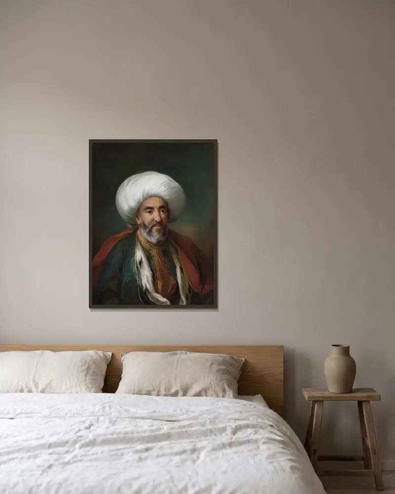 Porträt von Mahmud Agas, Botschafter von Tripolis von Carl Gustaf Pilo gerahmt an einer Wand