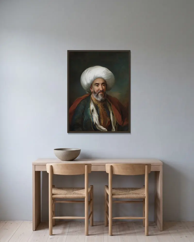 Porträt von Mahmud Agas, Botschafter von Tripolis von Carl Gustaf Pilo gerahmt an einer Wand