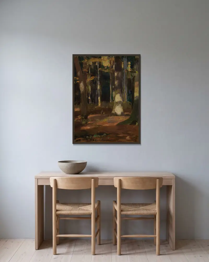 Im Laubwald av Gustav Kampmann inramad på en vägg