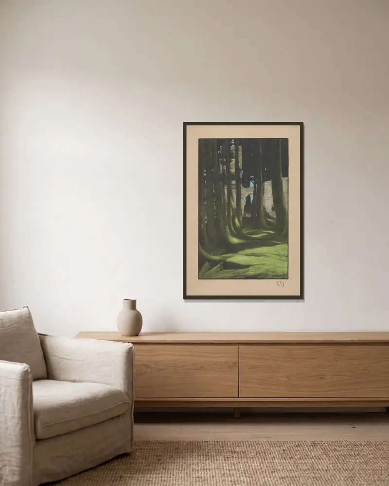 Ruinen im Wald von Gustav Kampmann gerahmt an einer Wand