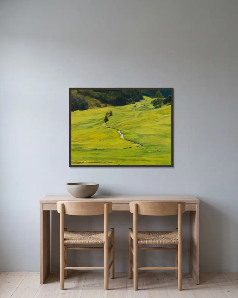 Sonniges Waldtal mit Bach von Gustav Kampmann gerahmt an einer Wand