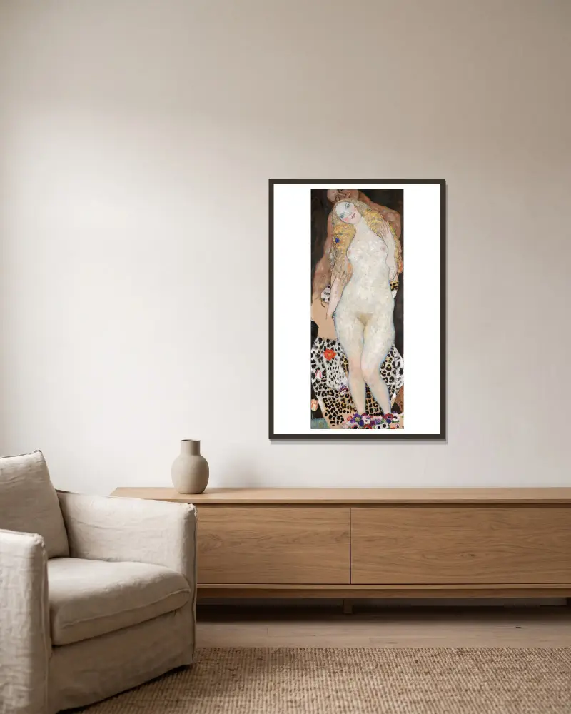 Adam And Eve av Gustav Klimt inramad på en vägg