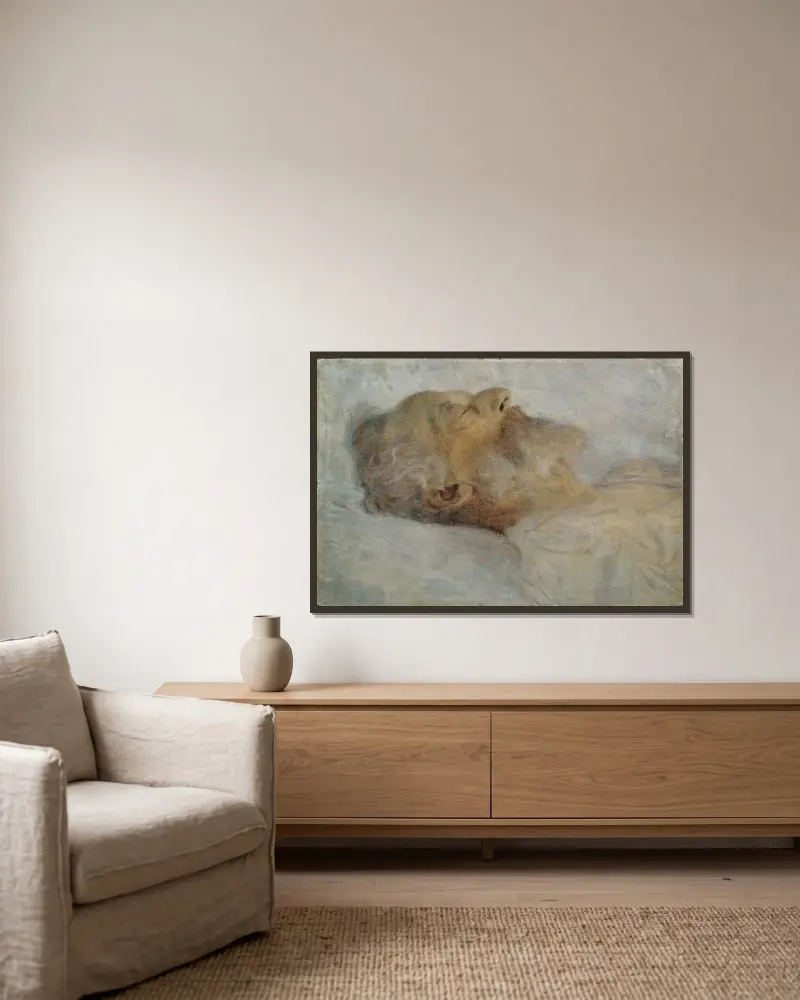 Alter Mann auf dem Totenbett von Gustav Klimt gerahmt an einer Wand