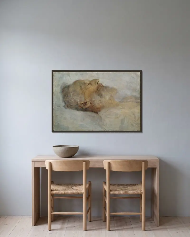 Alter Mann auf dem Totenbett von Gustav Klimt gerahmt an einer Wand