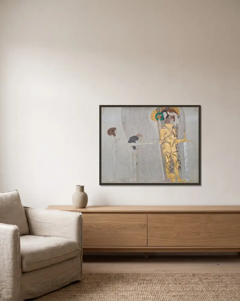 Beethovenfries: Die Leiden der schwachen Menschheit und Der wohlgerüstete Starke von Gustav Klimt gerahmt an einer Wand