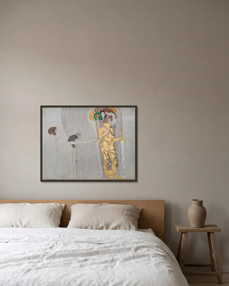 Beethovenfries: Die Leiden der schwachen Menschheit und Der wohlgerüstete Starke von Gustav Klimt gerahmt an einer Wand