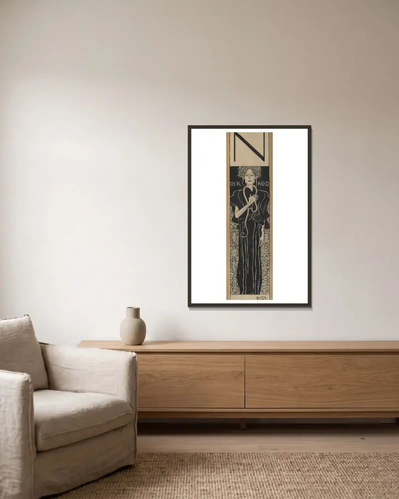 Der Neid von Gustav Klimt gerahmt an einer Wand