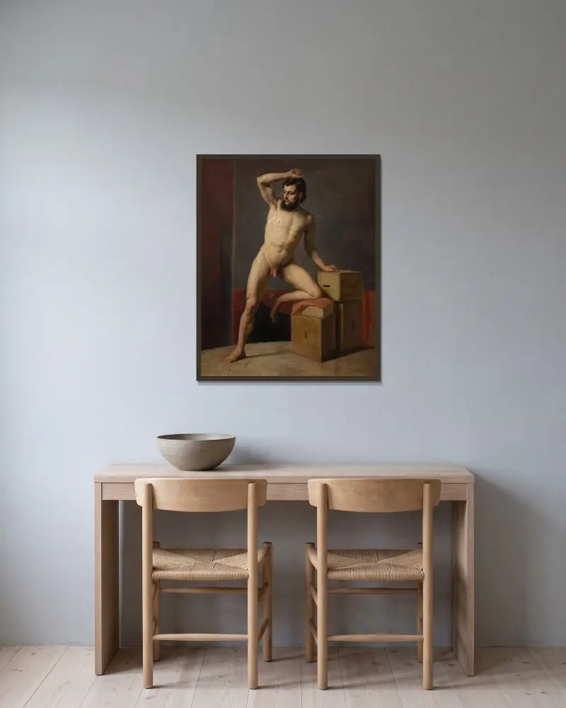 Male act av Gustav Klimt inramad på en vägg