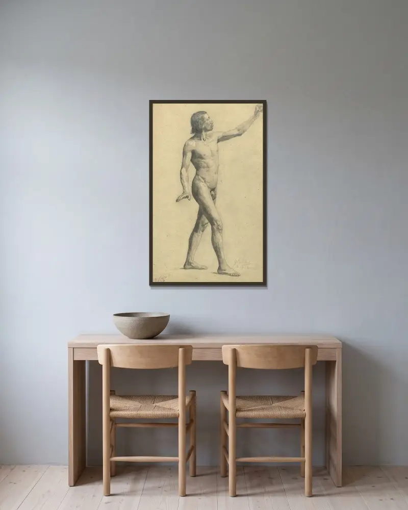 Männlicher Akademieakt in Bewegung von Gustav Klimt gerahmt an einer Wand