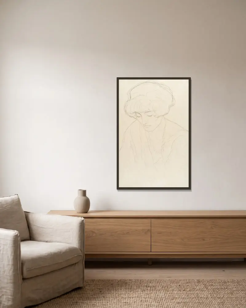 Mit gesenktem Blick av Gustav Klimt inramad på en vägg