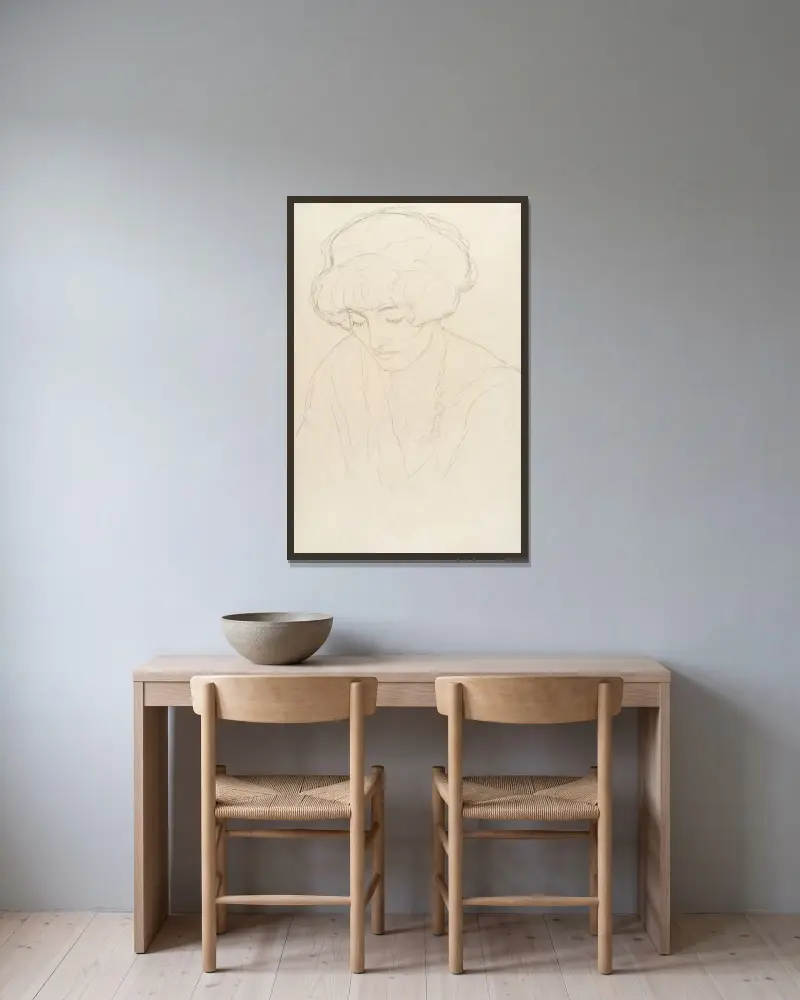 Mit gesenktem Blick av Gustav Klimt inramad på en vägg