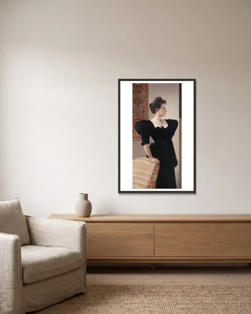 Bildnis einer Dame (Marie Breunig), 1894 von Gustav Klimt gerahmt an einer Wand