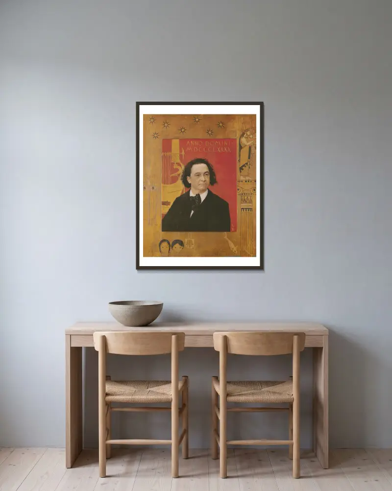 Porträtt av Josef Pembaur av Gustav Klimt inramad på en vägg