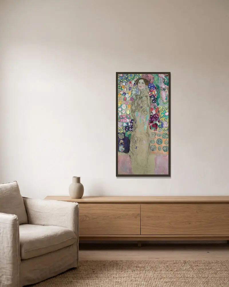Postumt porträtt av Ria Munk III av Gustav Klimt inramad på en vägg