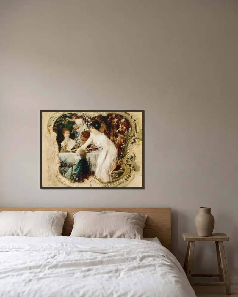 Bordets fröjder, studie till stadsteatern i Karlsbad (idag Karlovy Vary) av Gustav Klimt inramad på en vägg