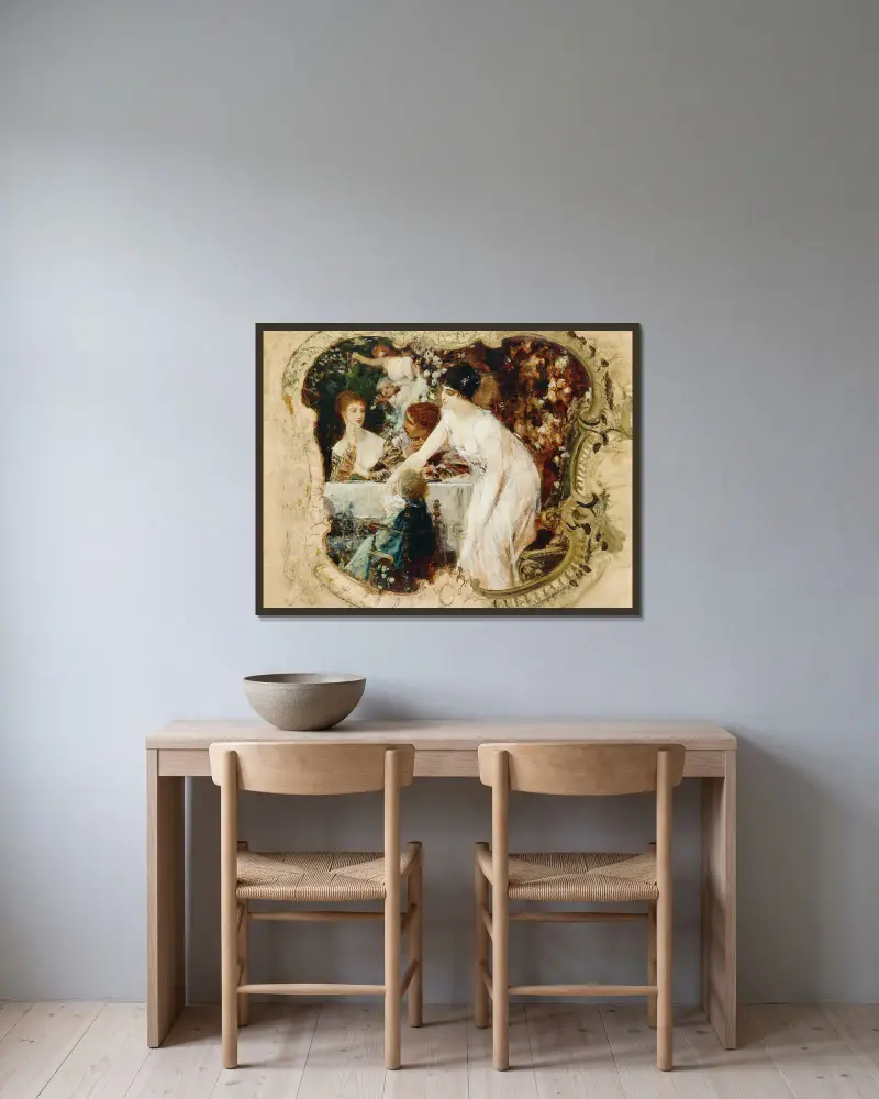 Bordets fröjder, studie till stadsteatern i Karlsbad (idag Karlovy Vary) av Gustav Klimt inramad på en vägg