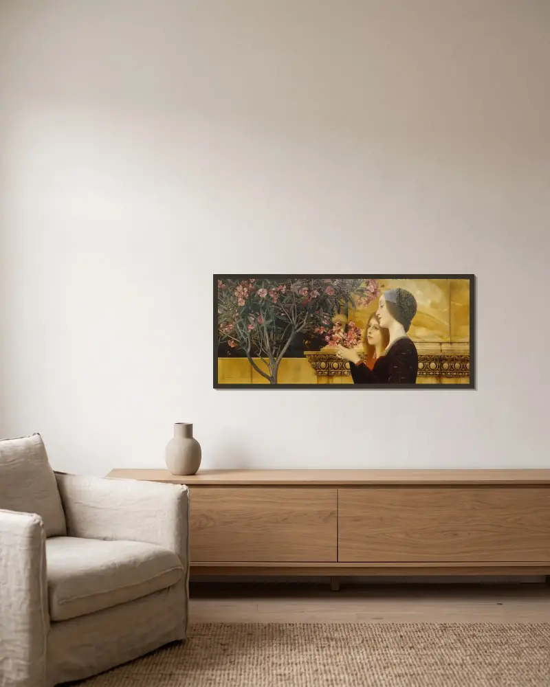 Två flickor vid en oleanderbuske av Gustav Klimt inramad på en vägg