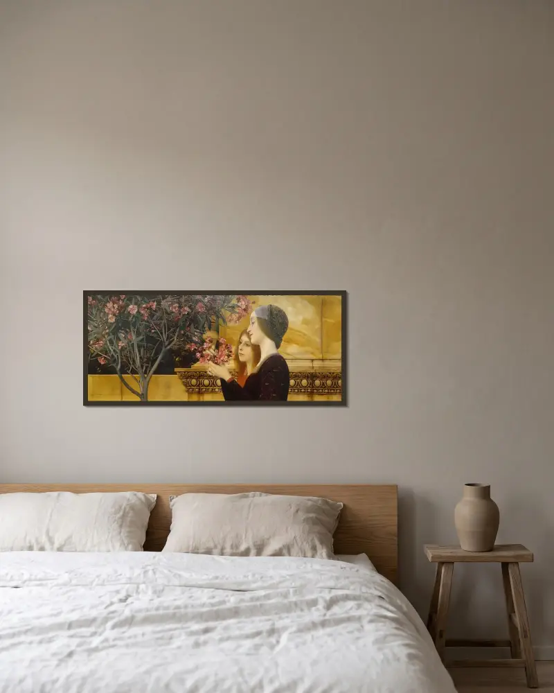 Två flickor vid en oleanderbuske av Gustav Klimt inramad på en vägg