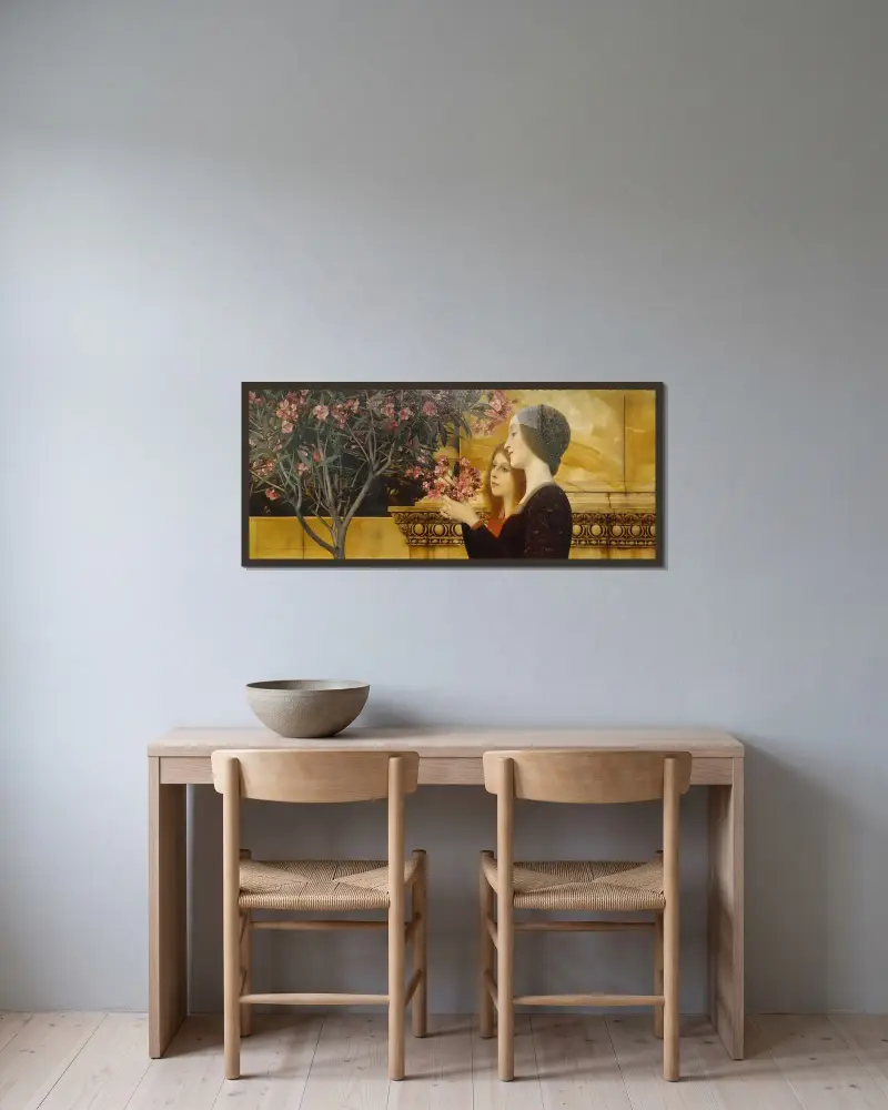 Två flickor vid en oleanderbuske av Gustav Klimt inramad på en vägg