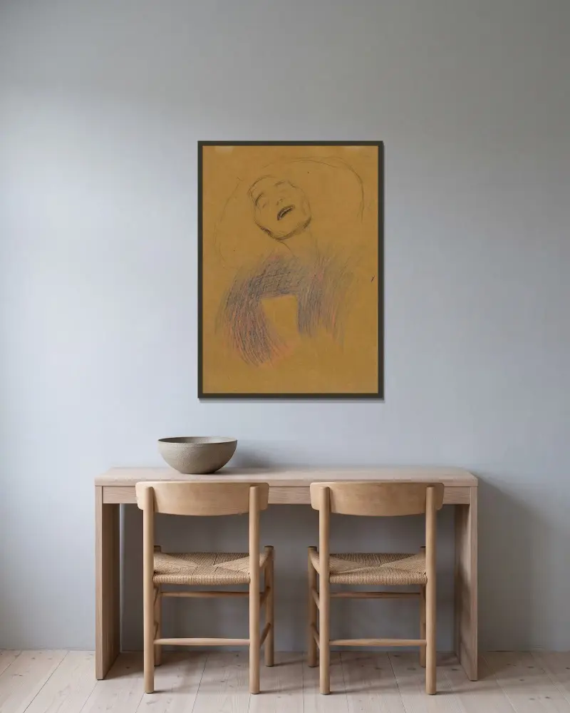 Weiblicher Kopf, Dekorative Lineare Strukturen von Gustav Klimt gerahmt an einer Wand