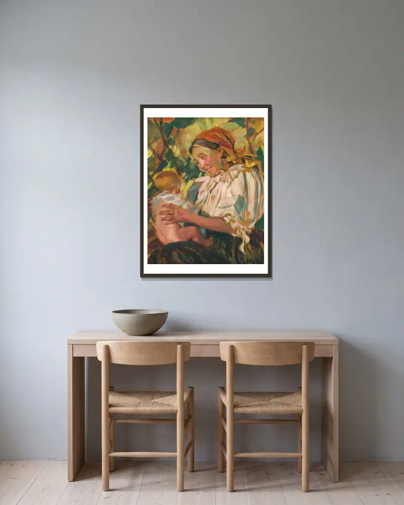 En bymoder med barn av Gustáv Mallý inramad på en vägg